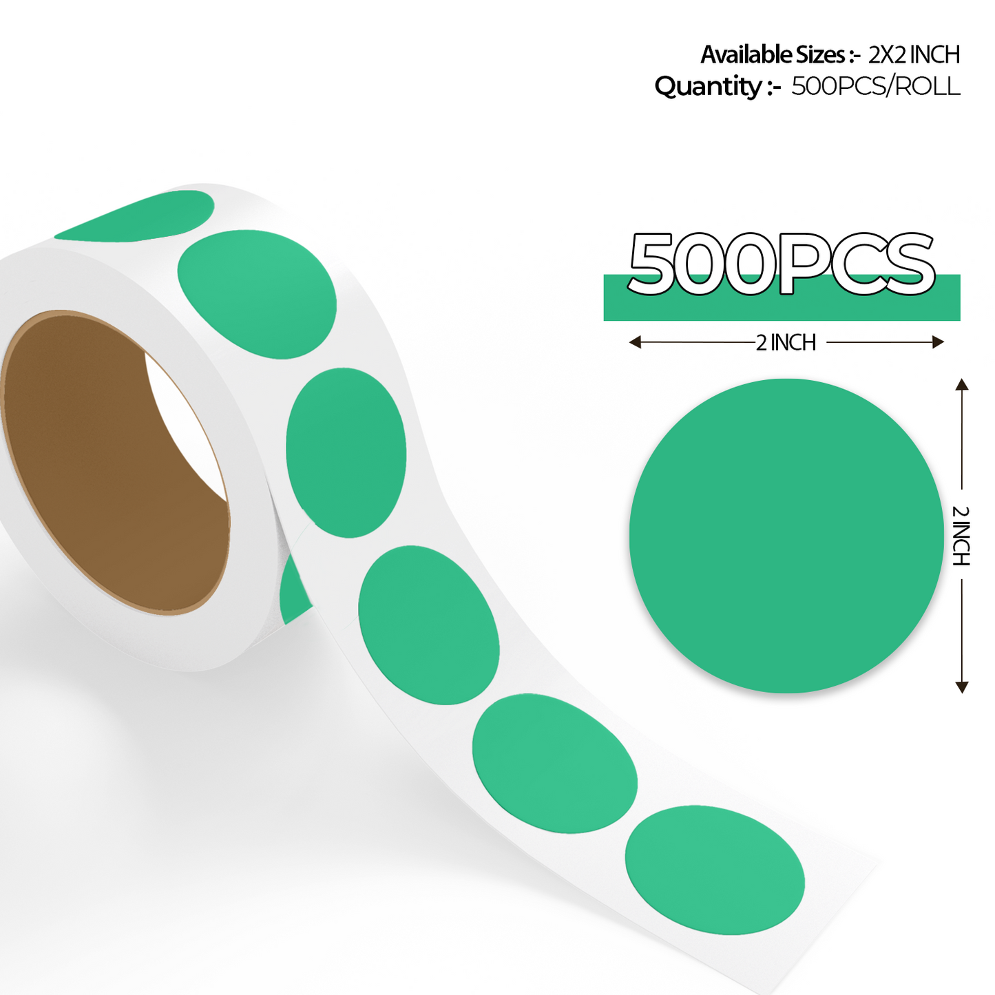 "500pcs Kelly Green Dot Labels roll with enlarged sticker preview, round colored dot stickers for inventory organization."