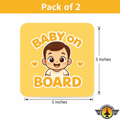 Pack of 2 Baby On Board Sticker – Real Baby Photo Design with a child's photo, dimensions and pack of 2 indicated.