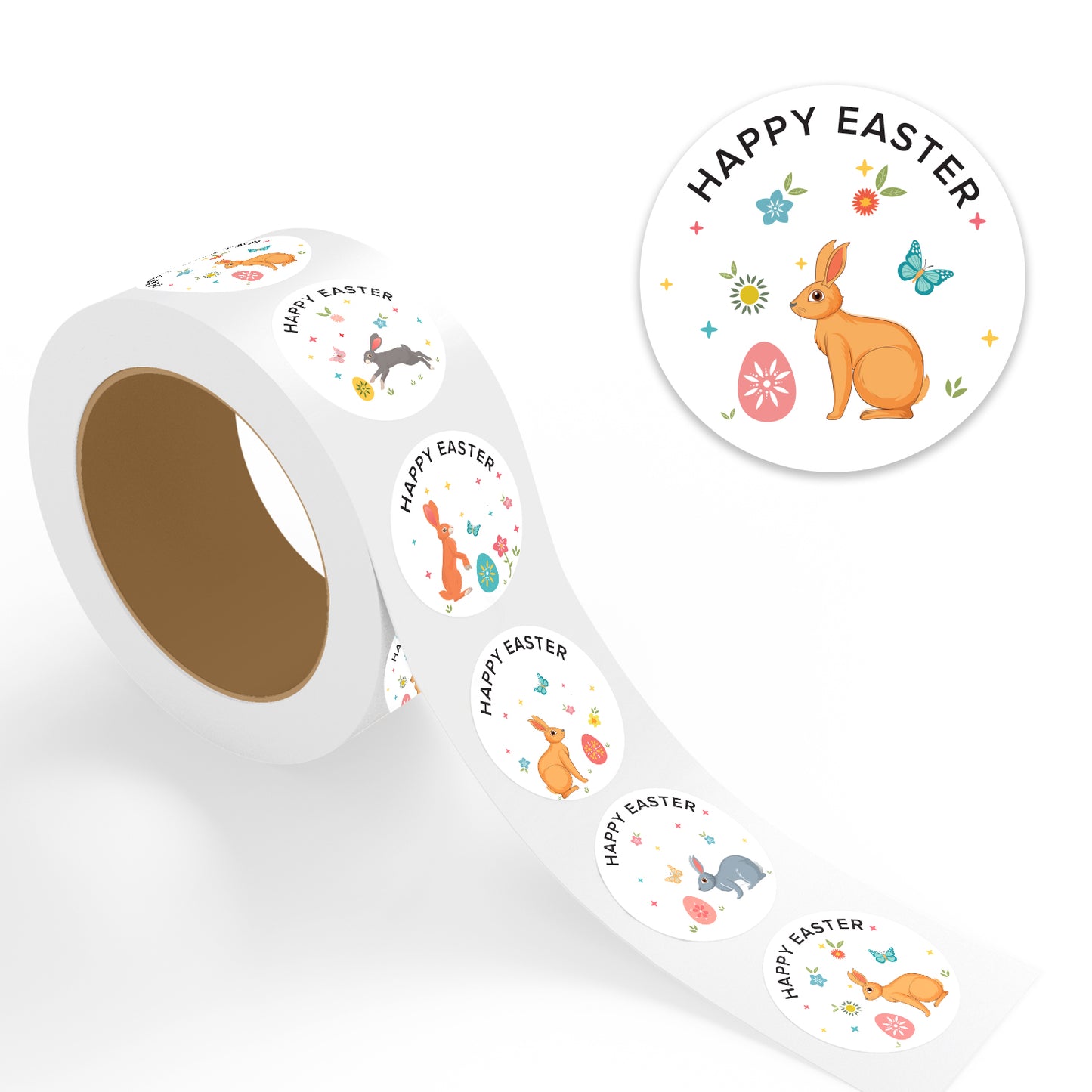 "Assorted Happy Easter bunny design sticker roll shown with enlarged preview of orange bunny, Easter eggs, and butterfly sticker."