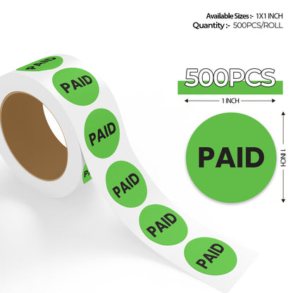 500 pcs roll of 1x1 inch green round paid sticker labels with bold black text for retail and office use