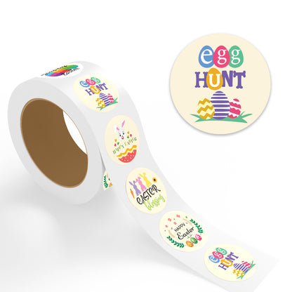 Assorted Happy Easter Egg Hunt Design Easter stickers roll showing bold multicolor egg hunt text with yellow zigzag and purple striped Easter eggs on grass on cream background
