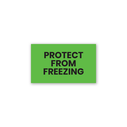 green rectangular protect from freezing warning sticker label with bold black text for shipping and cold storage packaging