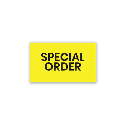 yellow rectangular special order production label sticker with bold black text for custom order tracking and inventory management