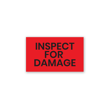 red rectangular inspect for damage production label sticker with bold black text for shipping and receiving inspection