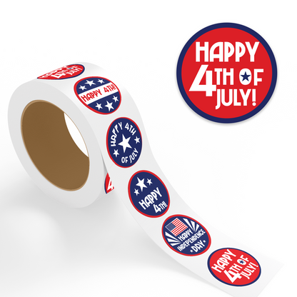 A roll of 4th of July stickers with assorted patriotic circular designs in red, white, and blue, shown alongside a enlarged preview of the "Happy 4th of July!" sticker design featuring bold white text on a red background with a navy blue border.