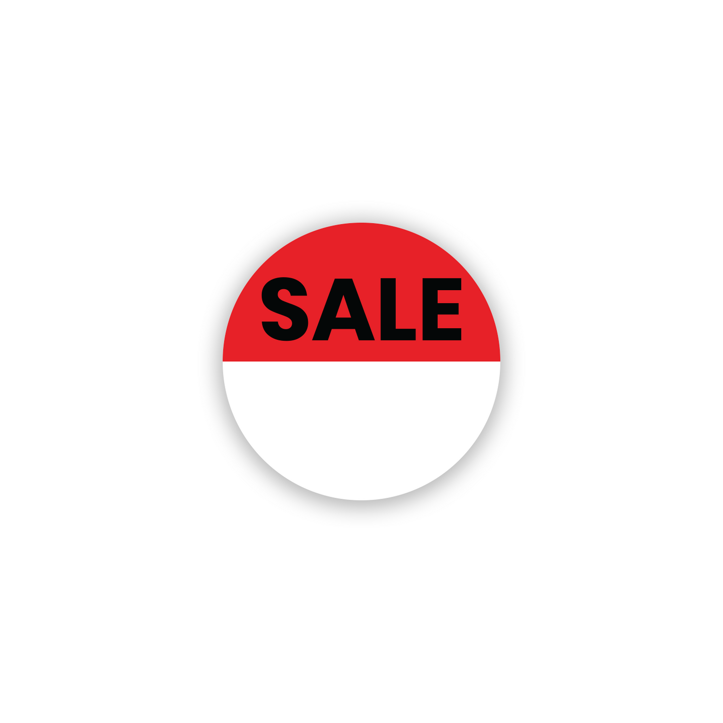 red and white round sale sticker label with bold black text for retail store pricing and discount tags