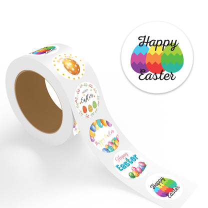 "Assorted Happy Easter colorful eggs design sticker roll shown with enlarged preview of rainbow-colored Easter eggs sticker on white."