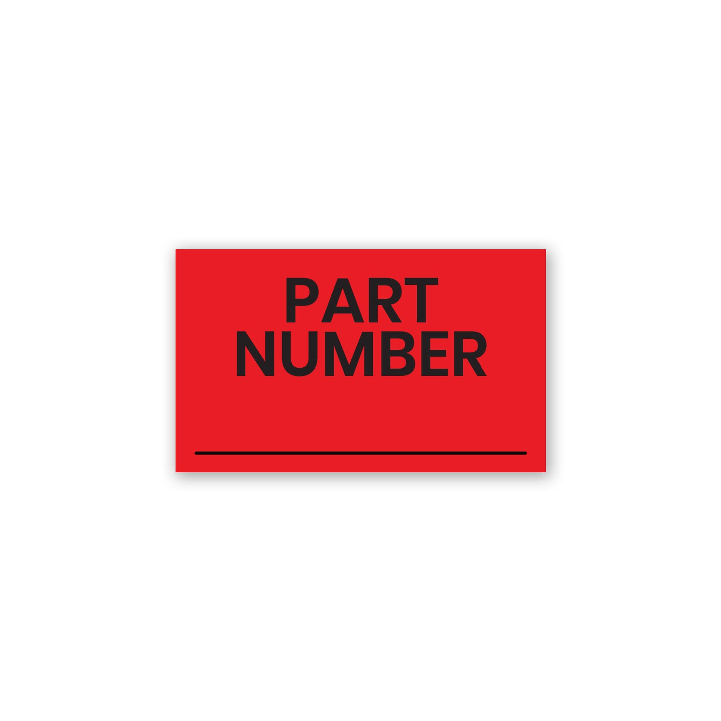 red rectangular part number label sticker with bold black text and blank write-in line for inventory and parts tracking