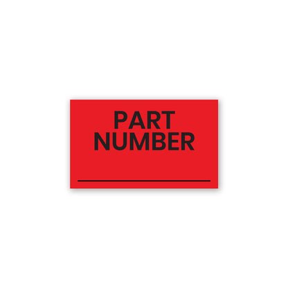 red rectangular part number label sticker with bold black text and blank write-in line for inventory and parts tracking