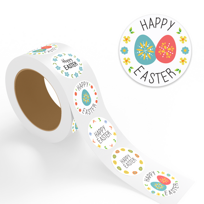 Assorted Happy Easter Floral Eggs Design Easter stickers roll showing teal and red decorated eggs with yellow daisy and blue flower border label on white background