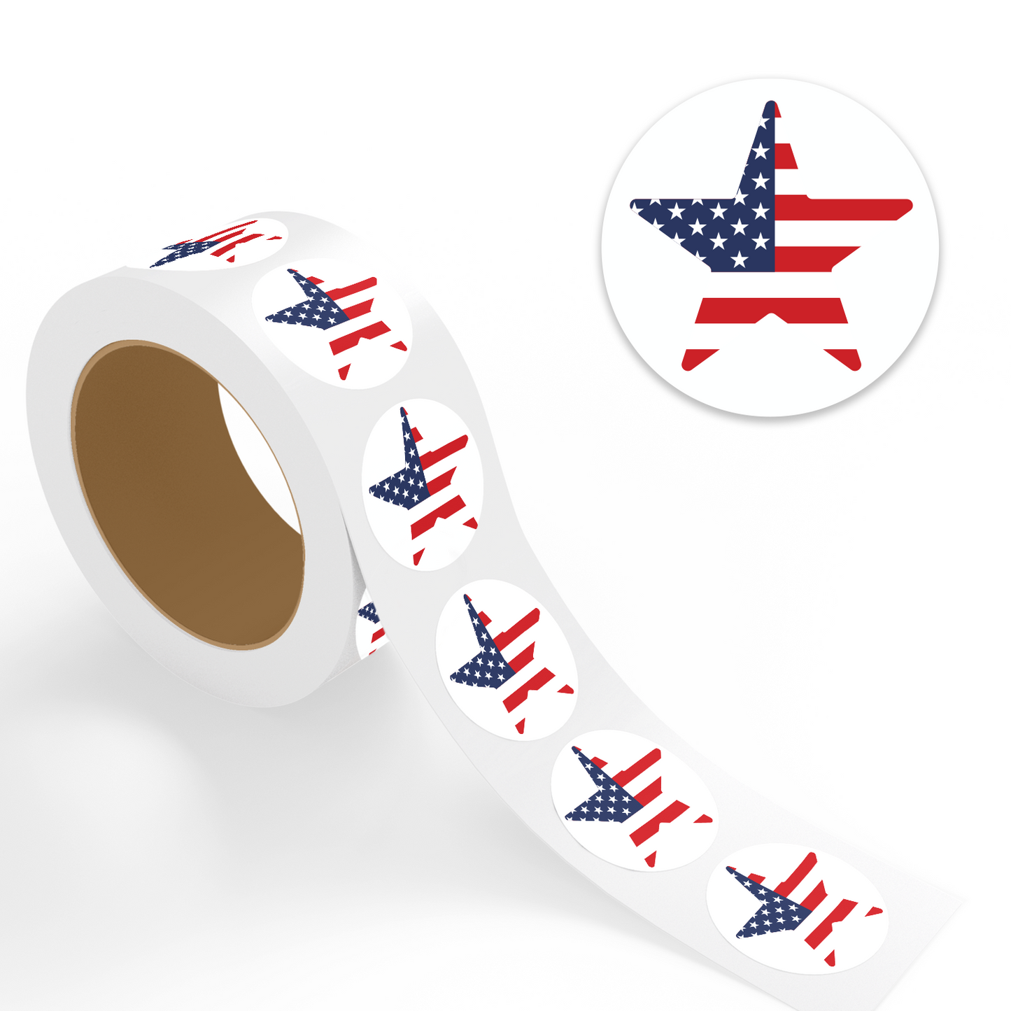 "4th of July stickers roll with USA flag star design, shown with enlarged circular sticker preview in red, white, and blue colors."