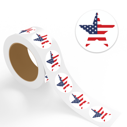 "4th of July stickers roll with USA flag star design, shown with enlarged circular sticker preview in red, white, and blue colors."
