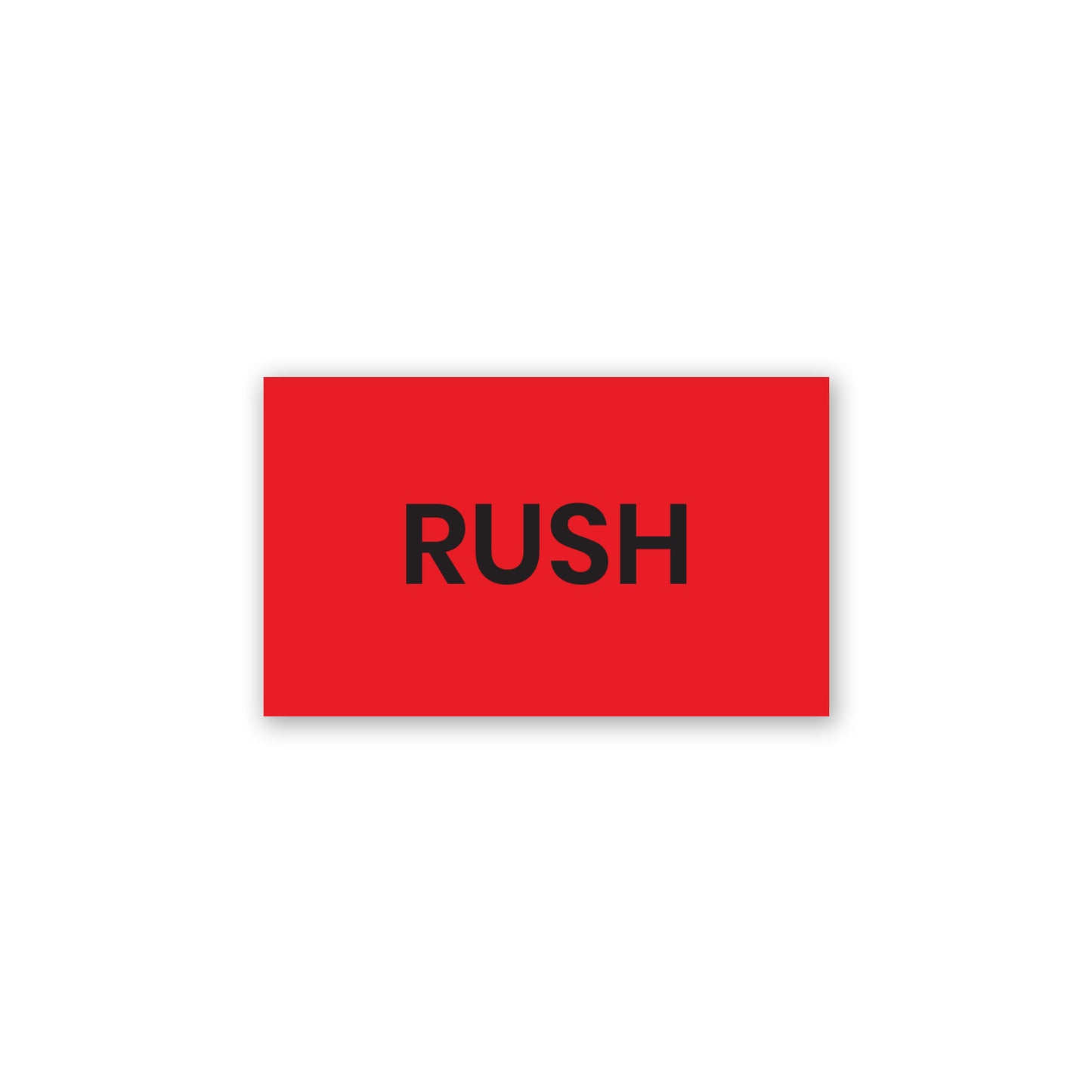 red rectangular rush production label sticker with bold black text for urgent shipping and priority handling