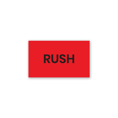 red rectangular rush production label sticker with bold black text for urgent shipping and priority handling