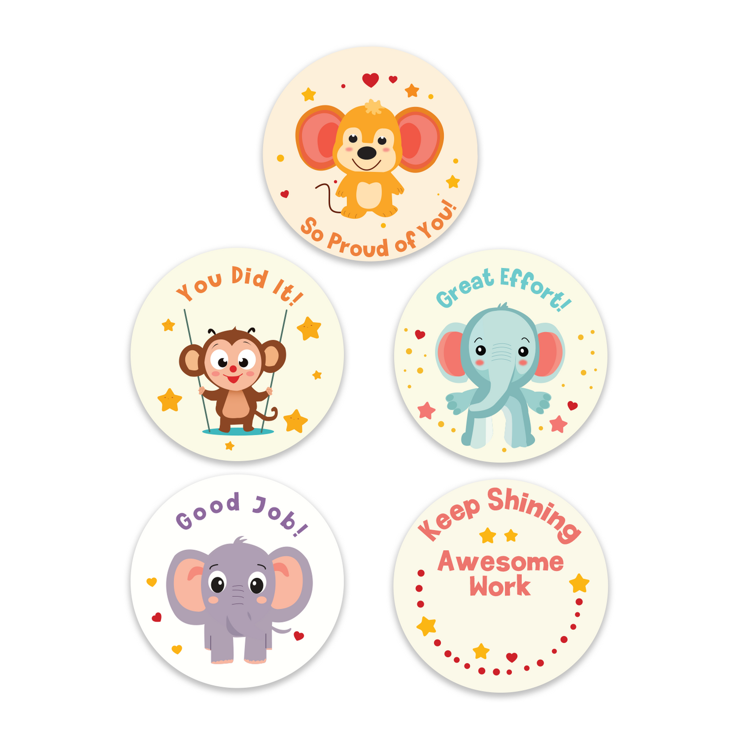 set of 5 round encouraging stickers for kids with cute animal designs including so proud of you you did it great effort good job and keep shining awesome work