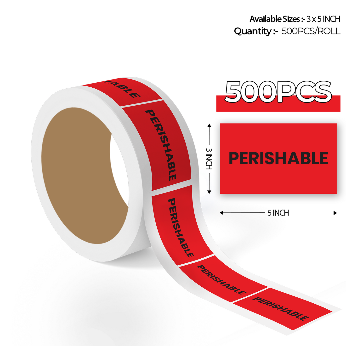 roll of red perishable warning sticker labels with bold black text and closeup view for shipping and food packaging use