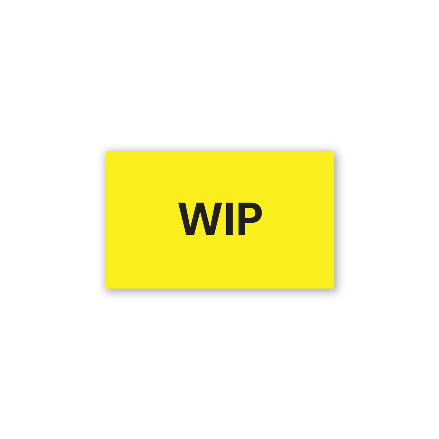 yellow rectangular work in progress production label sticker with bold black text for manufacturing and inventory tracking