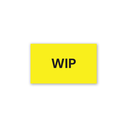 yellow rectangular work in progress production label sticker with bold black text for manufacturing and inventory tracking
