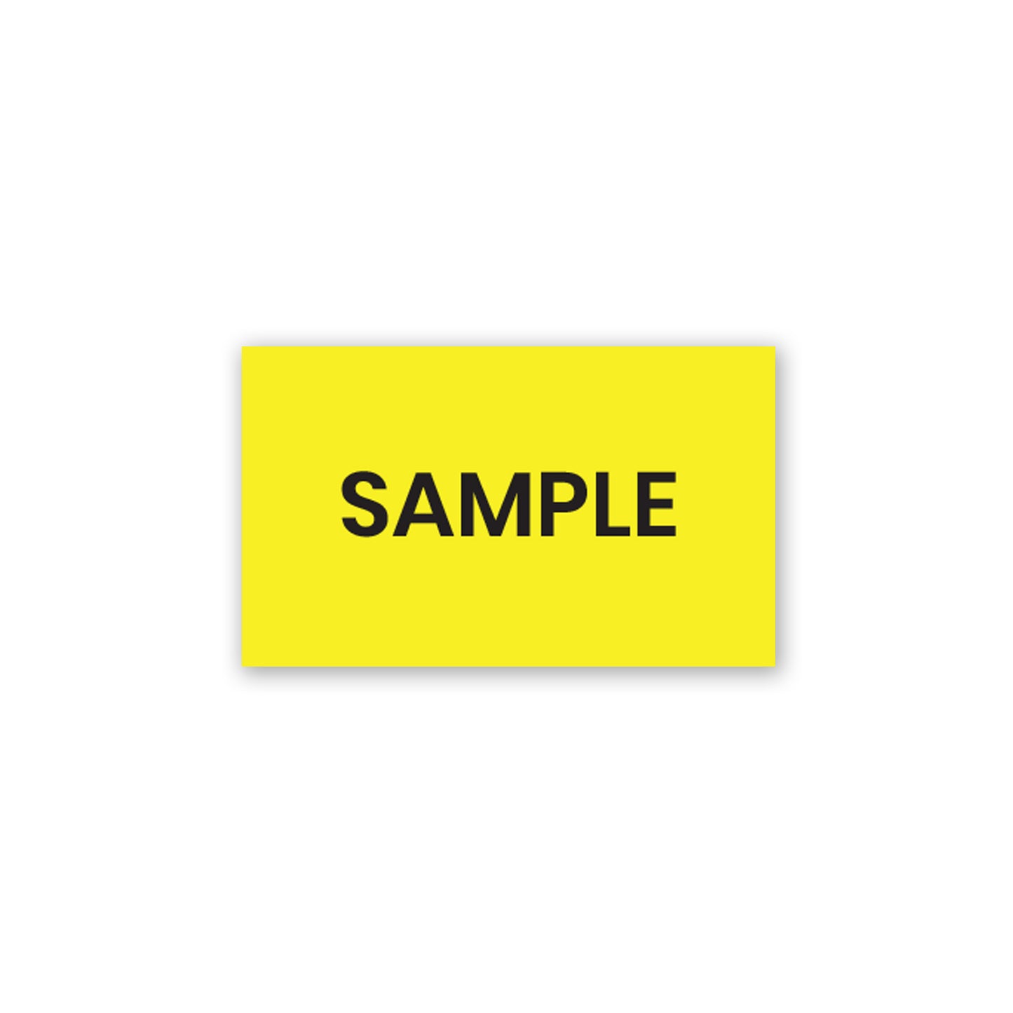 yellow rectangular sample production label sticker with bold black text for product testing and warehouse identification