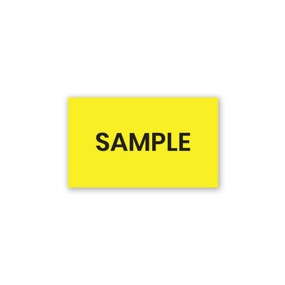 yellow rectangular sample production label sticker with bold black text for product testing and warehouse identification
