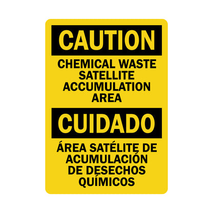 Bilingual OSHA Caution Chemical Waste Satellite Accumulation Area Cuidado Area Satelite De Acumulacion De Desechos Quimicos Sign Sticker for English and Spanish chemical waste satellite accumulation point identification for EPA and RCRA compliance in industrial facilities