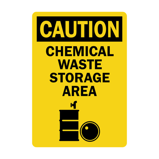 OSHA Caution: Chemical Waste Storage Area (Vertical - With Drum Graphic)