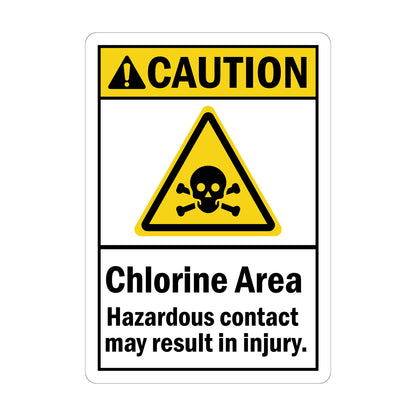 ANSI Caution Chlorine Area Hazardous Contact May Result In Injury sign sticker, yellow Caution header with alert icon, yellow skull and crossbones toxic hazard symbol, bold black text on white background, chemical hazard workplace safety compliance sign