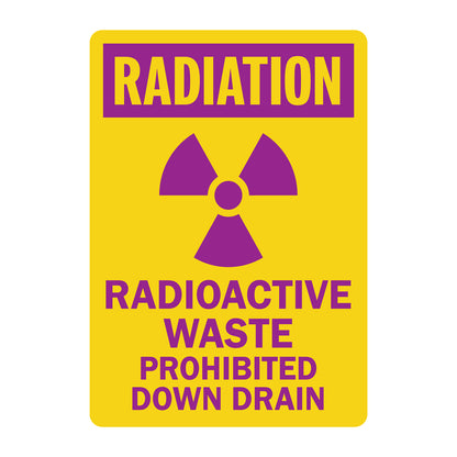 Radiation Radioactive Waste Prohibited Down Drain Sign Sticker with radioactive trefoil symbol warning against disposing radioactive waste in drains, purple and yellow design for nuclear and laboratory regulatory compliance