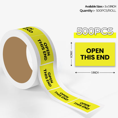 StickerJet Open This End – OSHA Receiving Labels – 3"x5" Rectangle Labels – 500 Qty/Roll – Paper, Easy Peel And Stick, Strong Adhesive, No Residue, Made In USA
