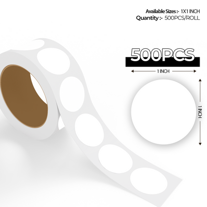 "500pcs White Dot Labels roll with enlarged sticker preview, round colored dot stickers for inventory organization."