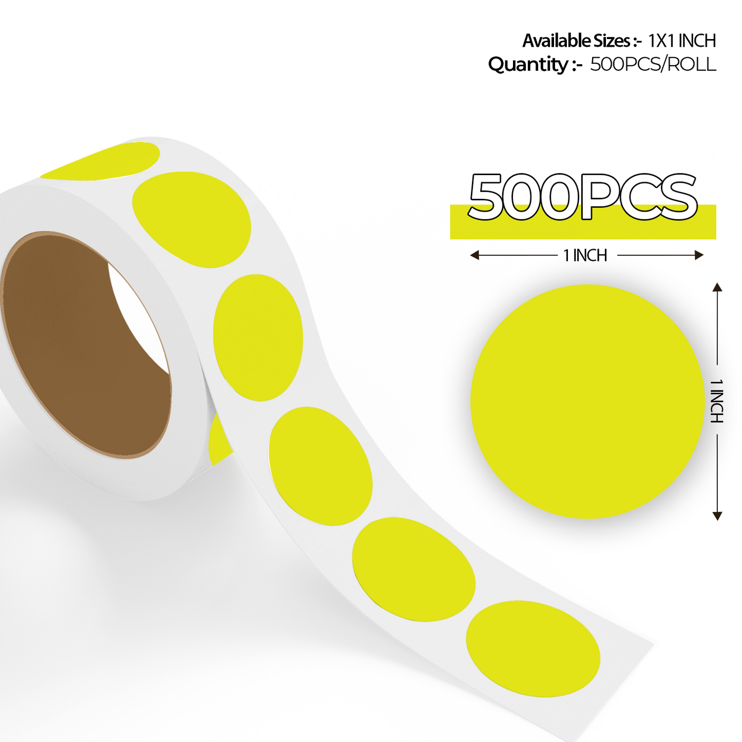 "500pcs Fluorescent Yellow Dot Labels roll with enlarged sticker preview, round colored dot stickers for inventory organization."