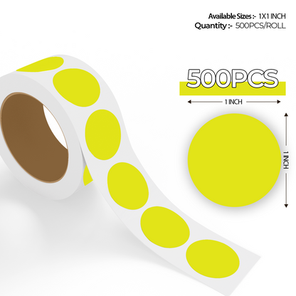 "500pcs Fluorescent Yellow Dot Labels roll with enlarged sticker preview, round colored dot stickers for inventory organization."