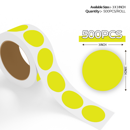 "500pcs Fluorescent Yellow Dot Labels roll with enlarged sticker preview, round colored dot stickers for inventory organization."