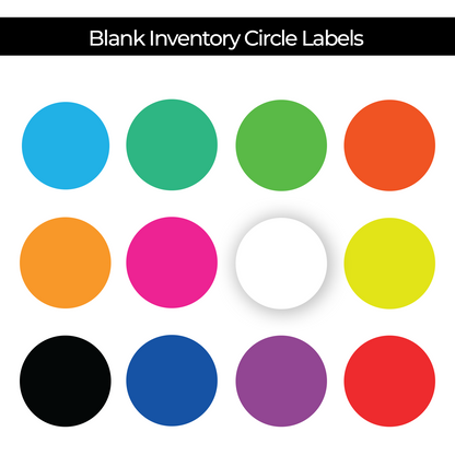 Blank color Labels available in 12 colors including black, blue, red, green, yellow, pink, purple, and orange. colored dot stickers for inventory and organization."