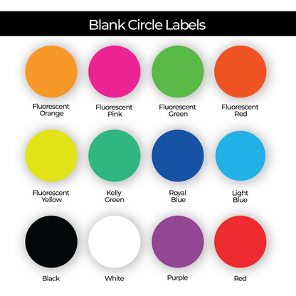 Blank color Labels available in 12 colors including black, blue, red, green, yellow, pink, purple, and orange. colored dot stickers for inventory and organization."