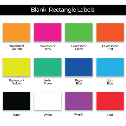 "Blank Rectangle Labels available in 12 colors including Fluorescent Orange, Pink, Green, Red, Yellow, Kelly Green, Royal Blue, Light Blue, Black, White, Purple, and Red Color Code Rectangle Labels."