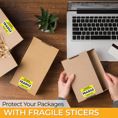 "Yellow Fragile Handle With Care stickers applied on cardboard shipping boxes, with text: Protect Your Packages With Fragile Stickers."