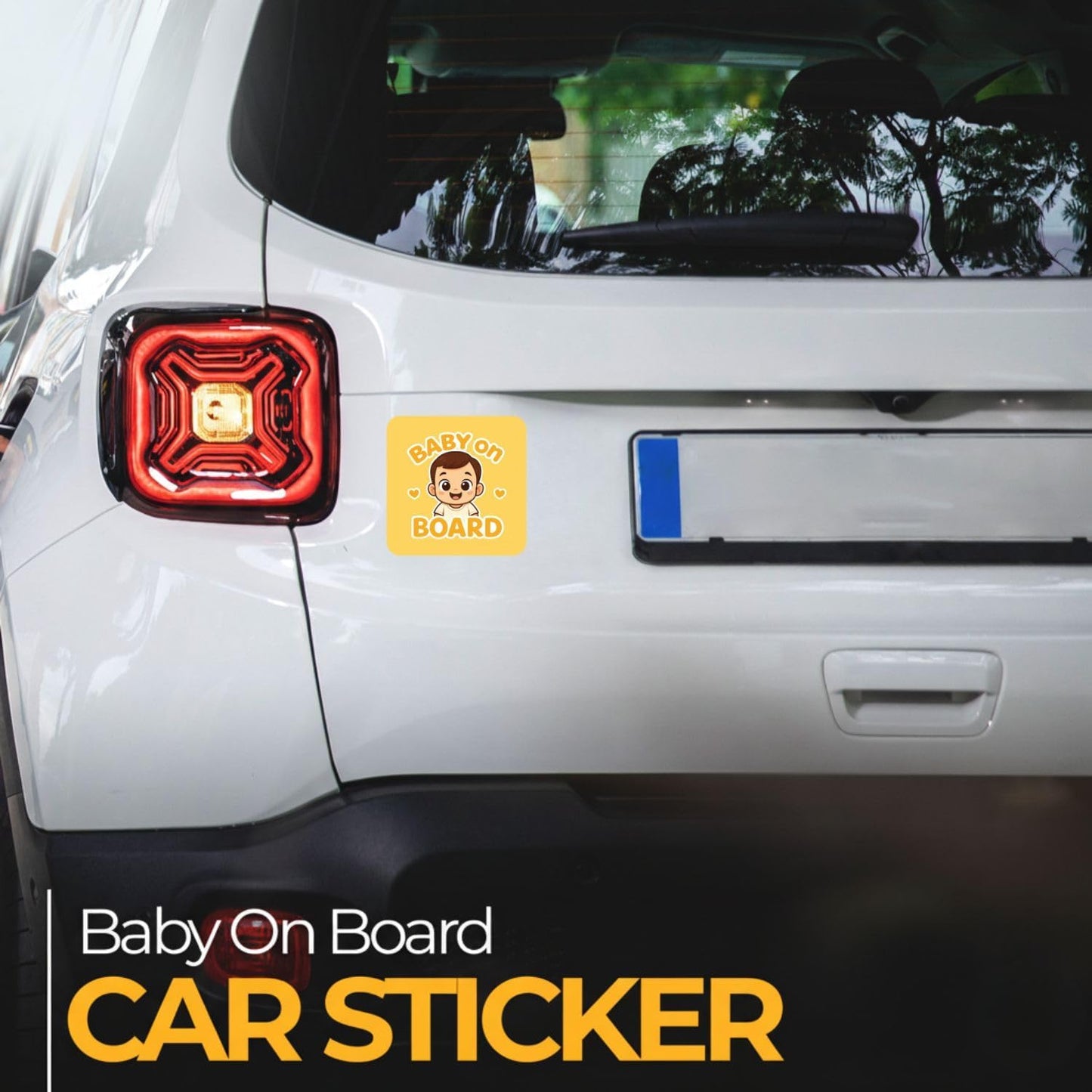 Car sticker with Baby On Board Sticker – Real Baby Photo Design on a vehicle's rear window.