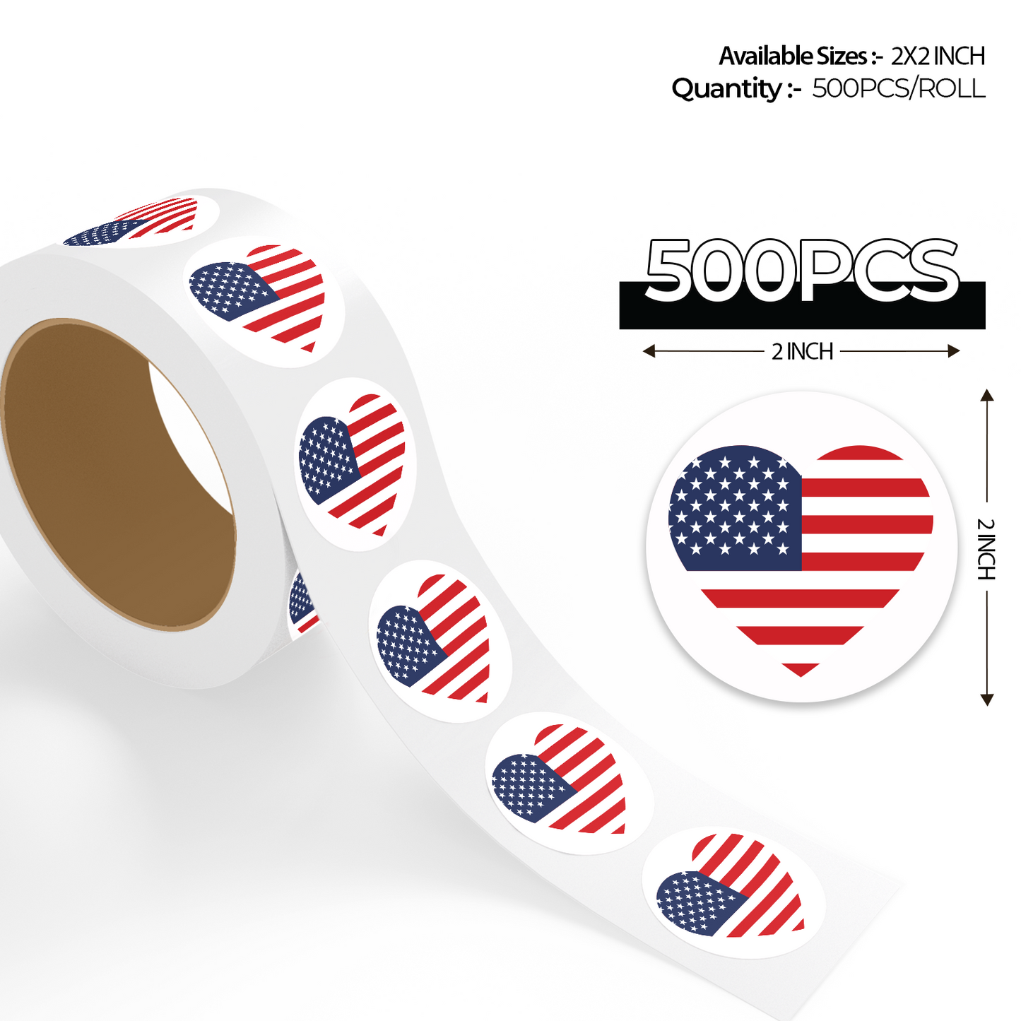 "500pcs 4th of July stickers, 2x2 inch USA flag heart design per roll, displayed with size dimensions on white background."