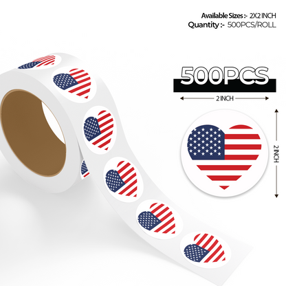 "500pcs 4th of July stickers, 2x2 inch USA flag heart design per roll, displayed with size dimensions on white background."