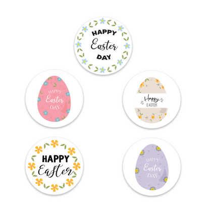 Assorted Happy Easter Day Wreath Design Easter stickers showing 5 round label designs with pink floral egg, purple egg, beige egg, yellow daisy wreath and blue flower wreath patterns