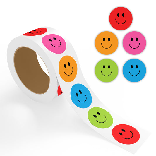 Multi Color Smiley Face - 500 Labels/Roll - 1"x1" / 2"x2" / 3"x3"
