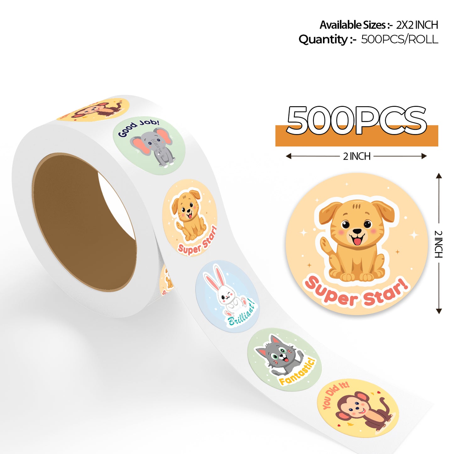set of 5 round encouraging stickers for kids with cute animal designs featuring super star puppy fantastic cat good job elephant you did it monkey and brilliant bunny