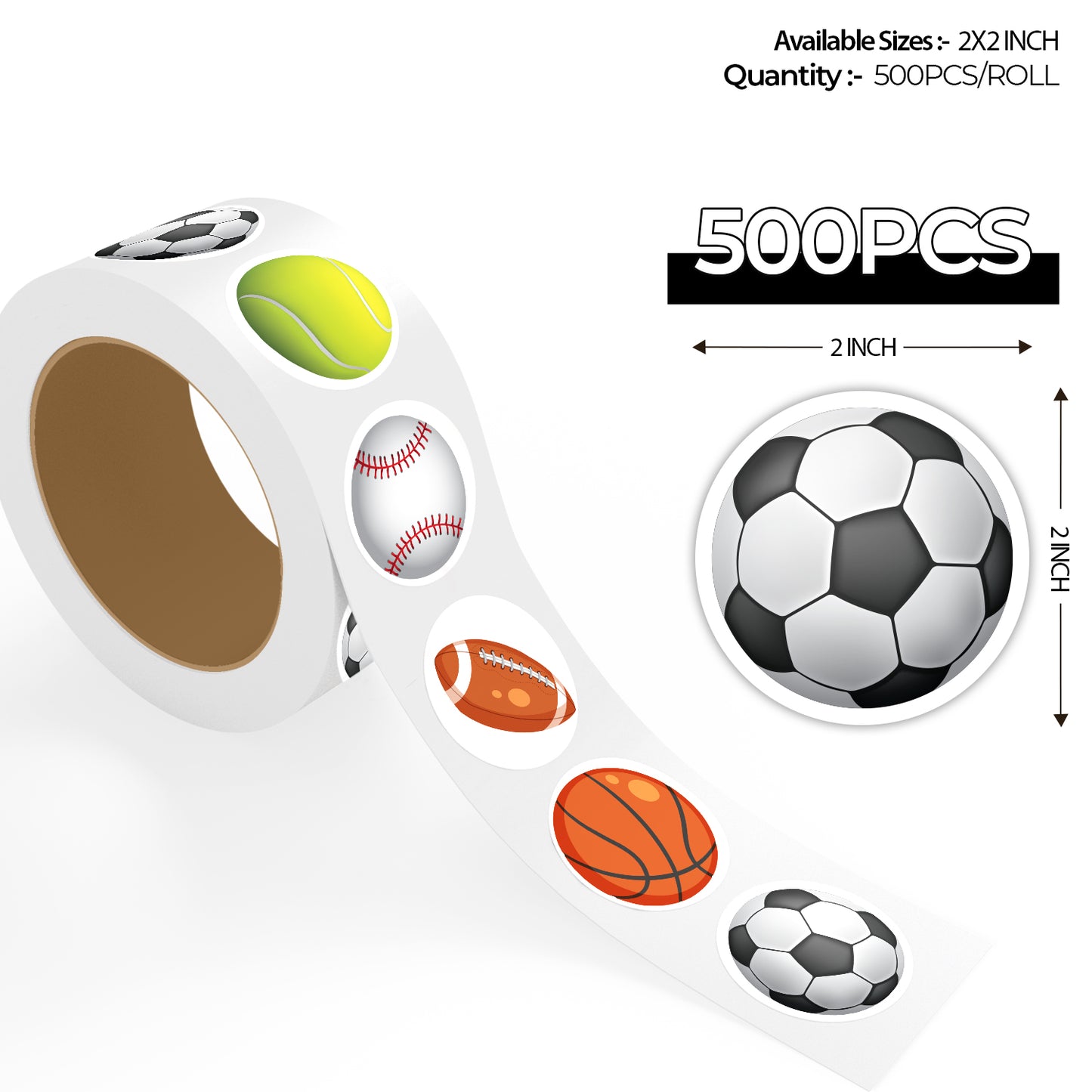 Assorted Sports Ball - 500 Labels/Roll - 2"x2"