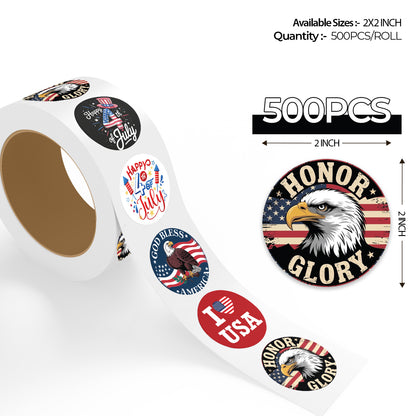 500 pcs roll of 2x2 inch 4th of july stickers featuring patriotic assorted designs including honor glory happy 4th of july god bless america and i love usa