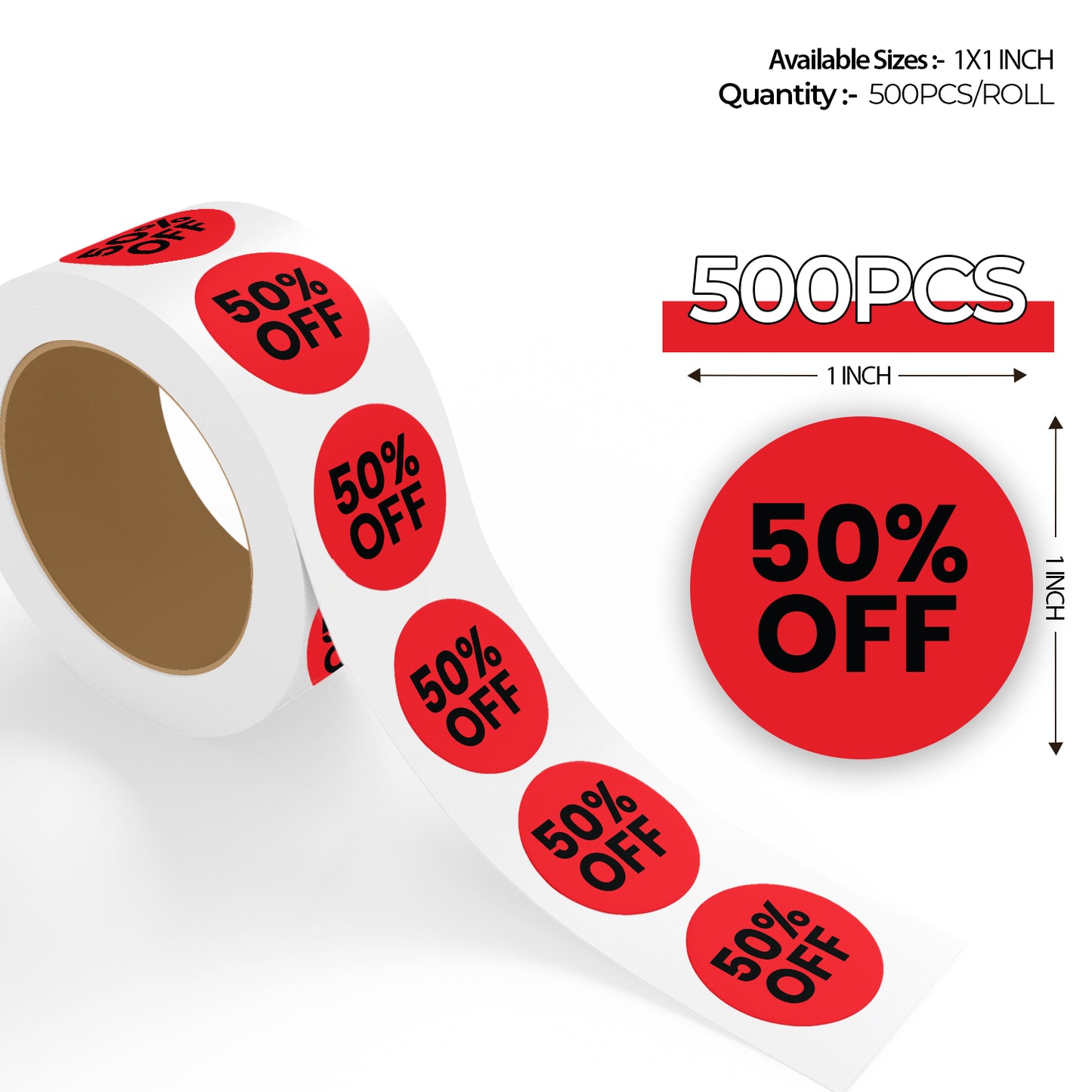 500 pcs roll of 1x1 inch red round 50% off retail price sticker labels for store sales and promotions