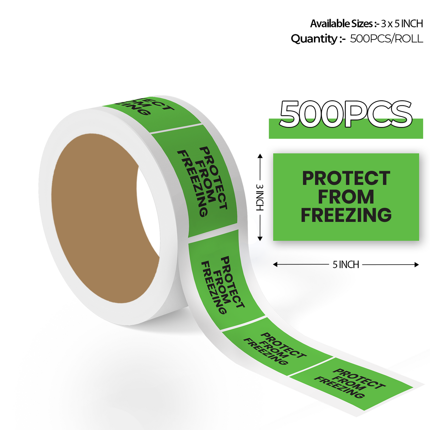 500 pcs roll of 3x5 inch green protect from freezing warning sticker labels with bold black text for cold storage and shipping use