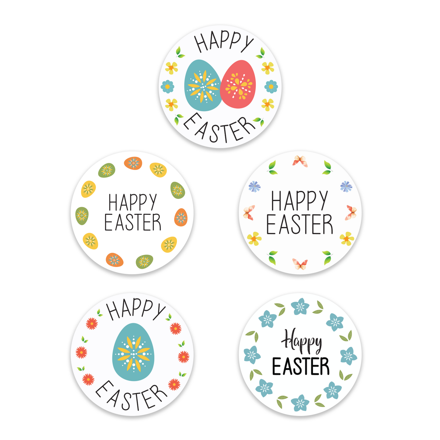 Assorted Happy Easter Floral Eggs Design Easter stickers showing 5 round label designs with teal red egg pair, colorful dotted eggs wreath, single floral egg, butterfly border and blue flower border patterns