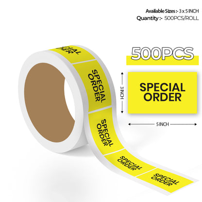 500 pcs roll of 3x5 inch yellow special order production labels with bold black text for custom order tracking and warehouse use