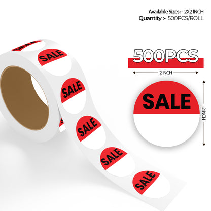 500 pcs roll of 2x2 inch red and white round sale sticker labels with bold black text for retail store pricing and promotions